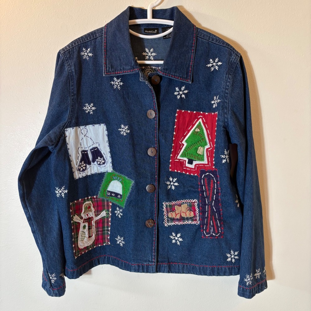 Vintage NorthCrest Blue Denim Christmas Patchwork Jacket Snowman Holiday‎ Large